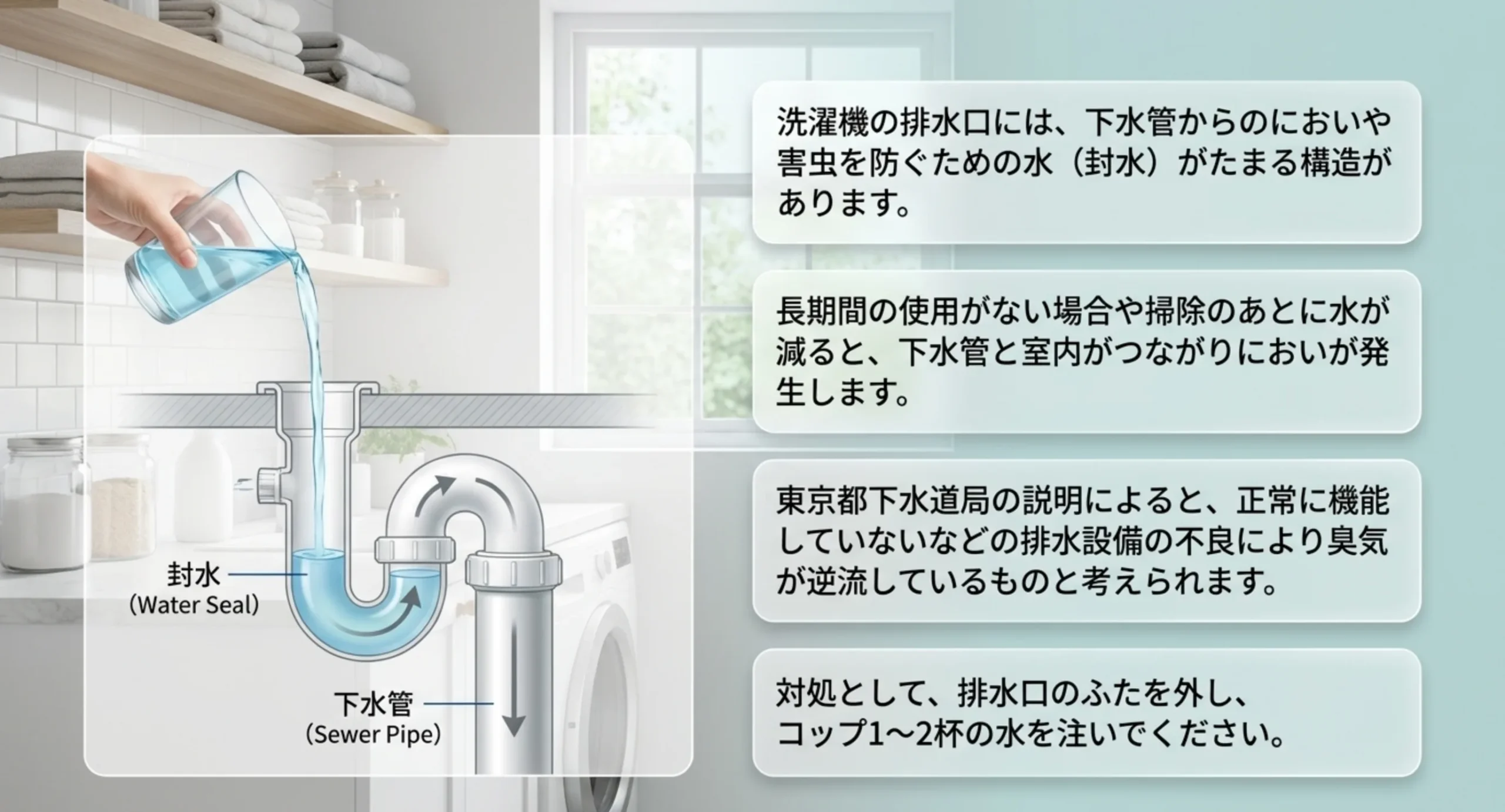 排水トラップの断面図で、封水がたまる部分と下水管のつながりを示し、水が減るとにおいが上がってくる流れを説明したスライド