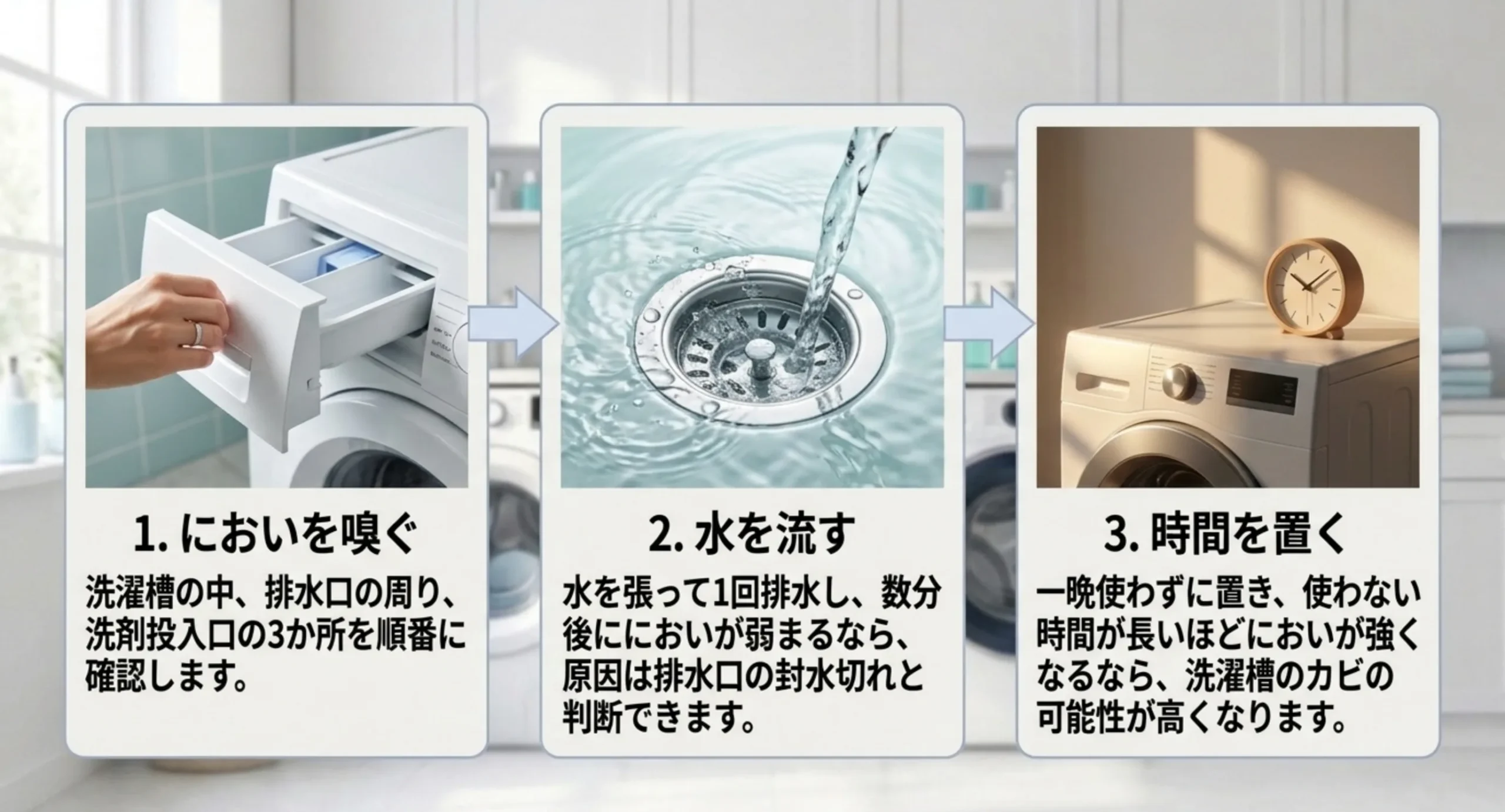 においを嗅ぐ・水を流す・時間を置く、の順に発生源を切り分ける手順を写真付きで並べたスライド