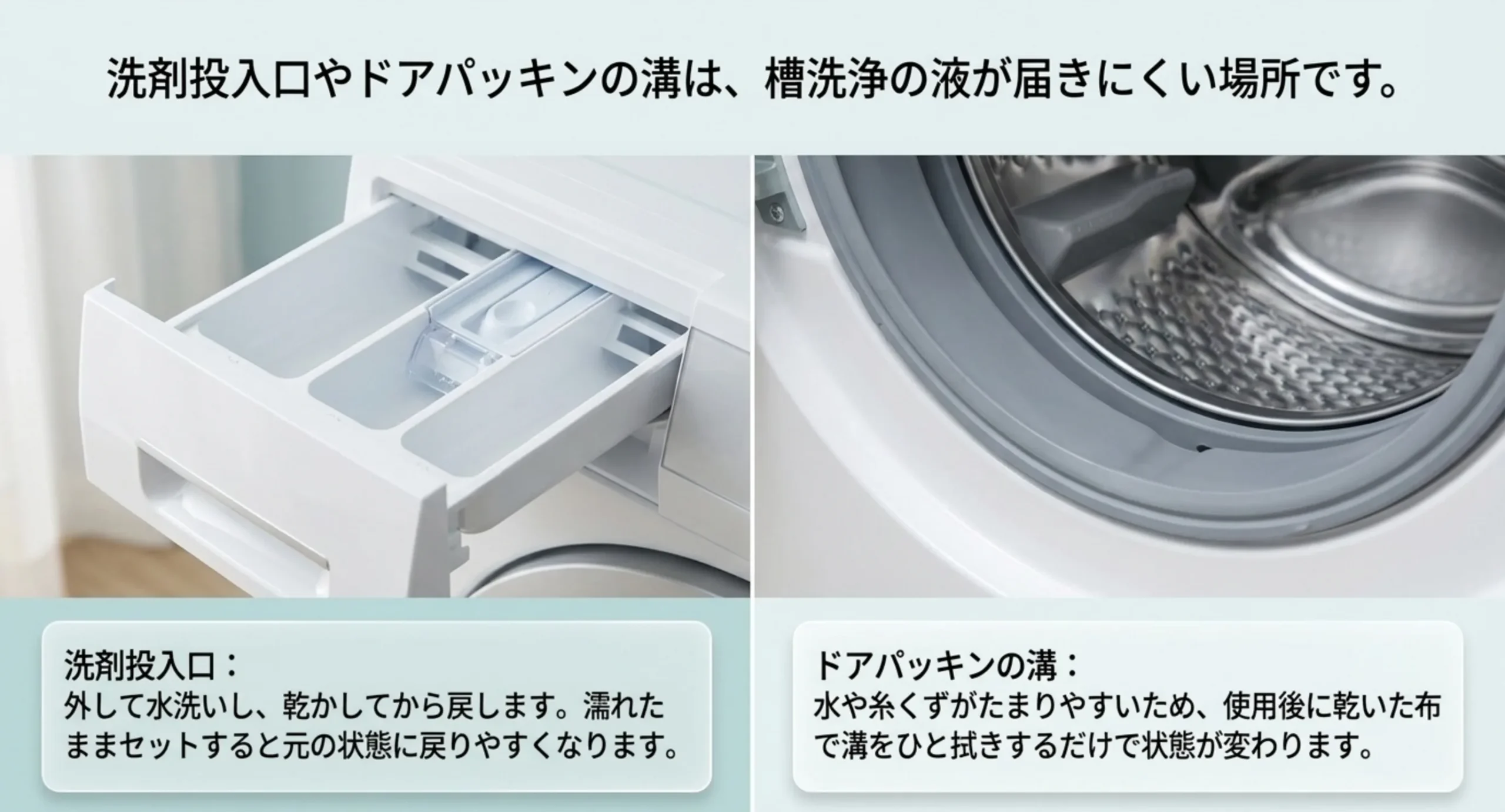 引き出した洗剤投入口とドラムのパッキン部分の写真を並べ、それぞれの手入れ方法を添えたスライド